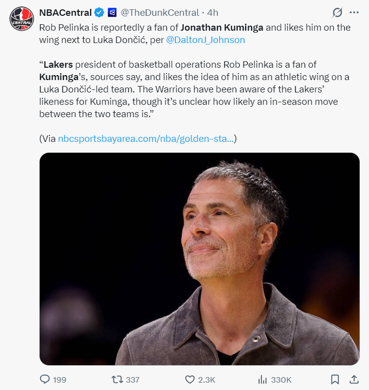 华体会官方-曝去年湖人已关注库明加：佩林卡喜爱成推手 3换1报价勇士未接受